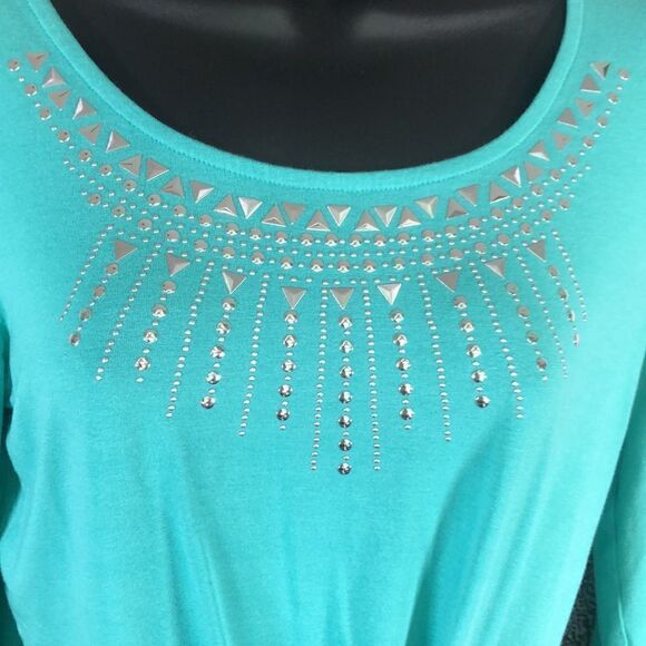 JM Collection Petite Blouse aqua Green Tie Front with Three Quarter Sleeves - Picture 4 of 7